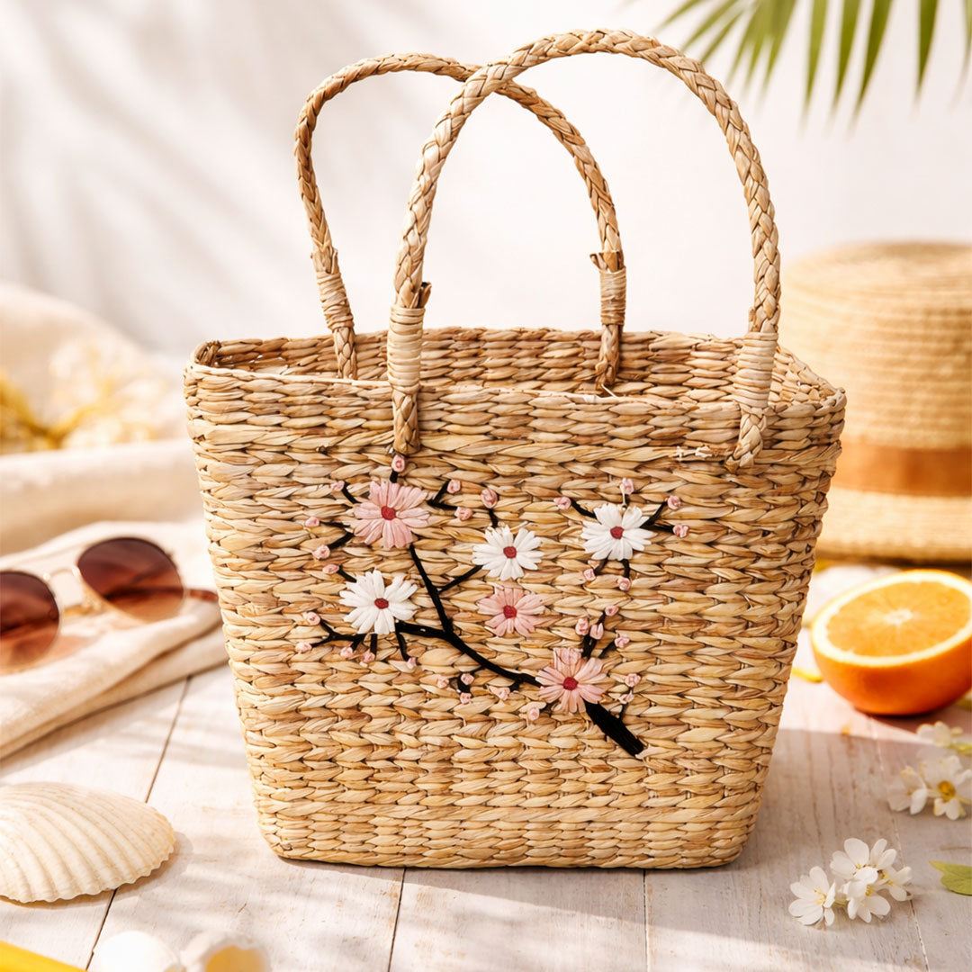 Spring Blossom Embroidered Kauna Grass Handbag - Manipur Crafted
