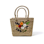 Floral Embroidered Kauna Grass Basket Bag - Handmade in Manipur