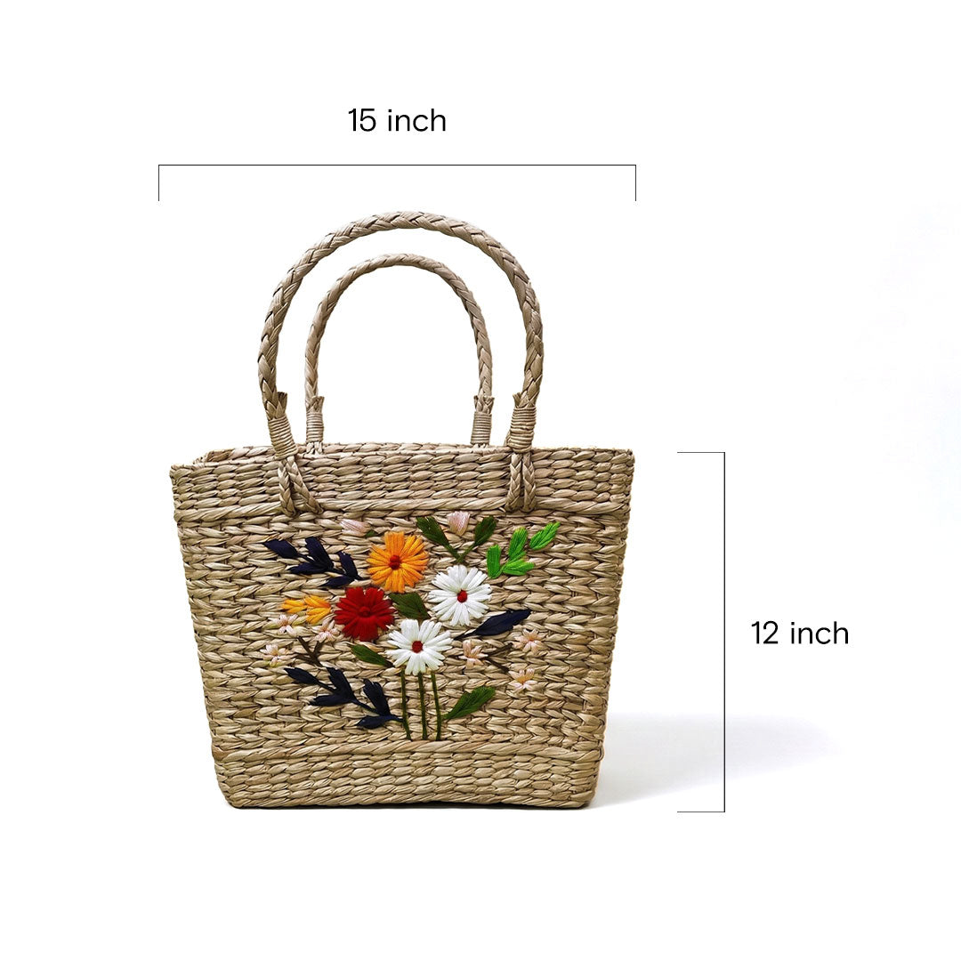 Floral Embroidered Kauna Grass Basket Bag - Handmade in Manipur