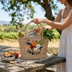 Floral Embroidered Kauna Grass Basket Bag - Handmade in Manipur