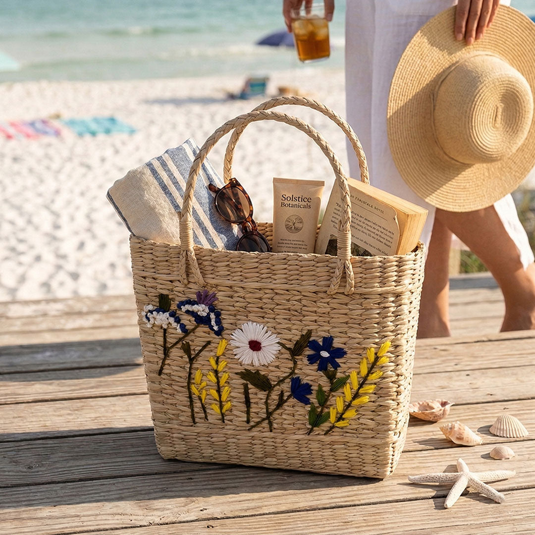 Botanical Garden Embroidered Kauna Grass Basket Bag