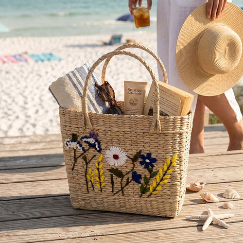 Botanical Garden Embroidered Kauna Grass Basket Bag