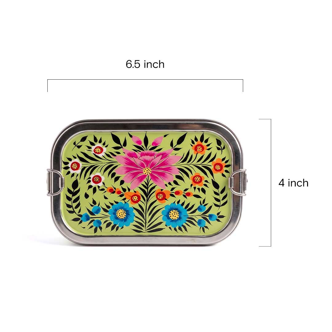 Lime Meadow Floral Hand Painted Stainless Steel Tiffin Box