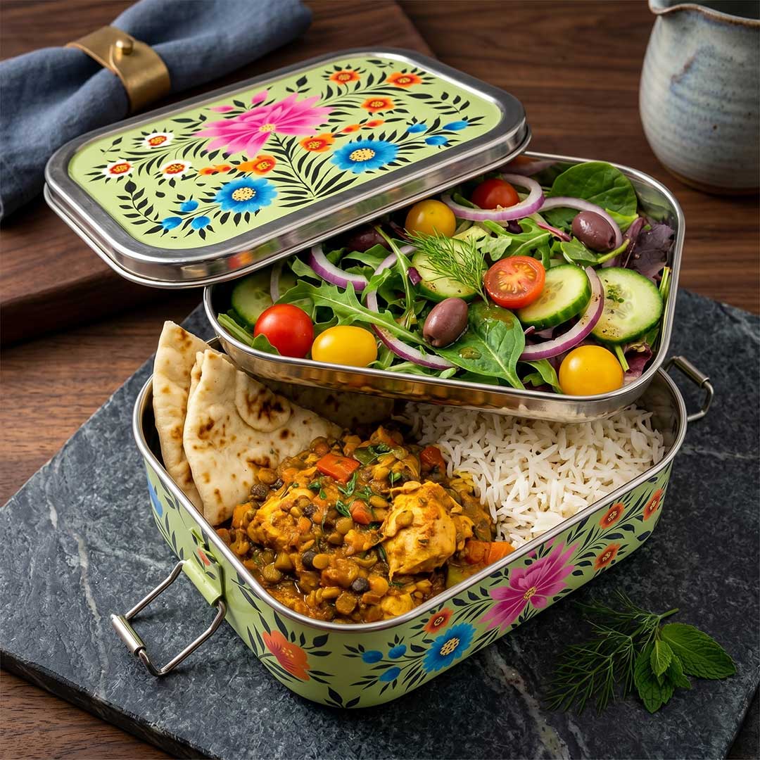 Lime Meadow Floral Hand Painted Stainless Steel Tiffin Box