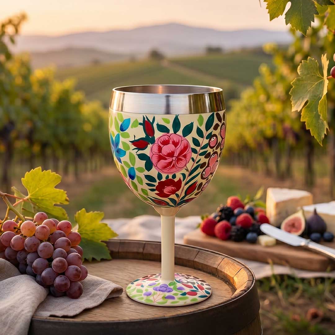 Stainless Steel Hand Painted Floral Wine Glass