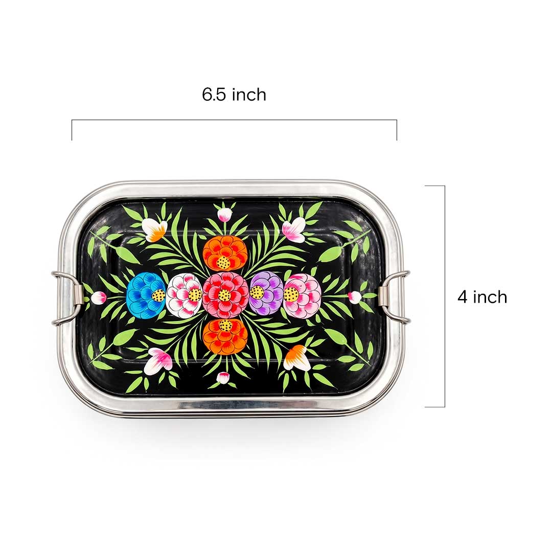 Midnight Black Floral Hand Painted Stainless Steel Tiffin Box