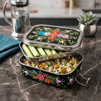 Midnight Black Floral Hand Painted Stainless Steel Tiffin Box