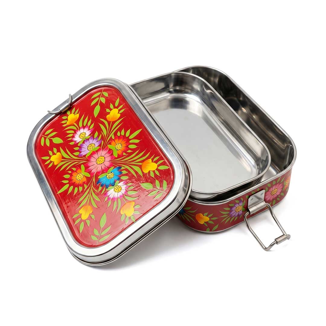Crimson Garden Hand Painted Stainless Steel Tiffin Box