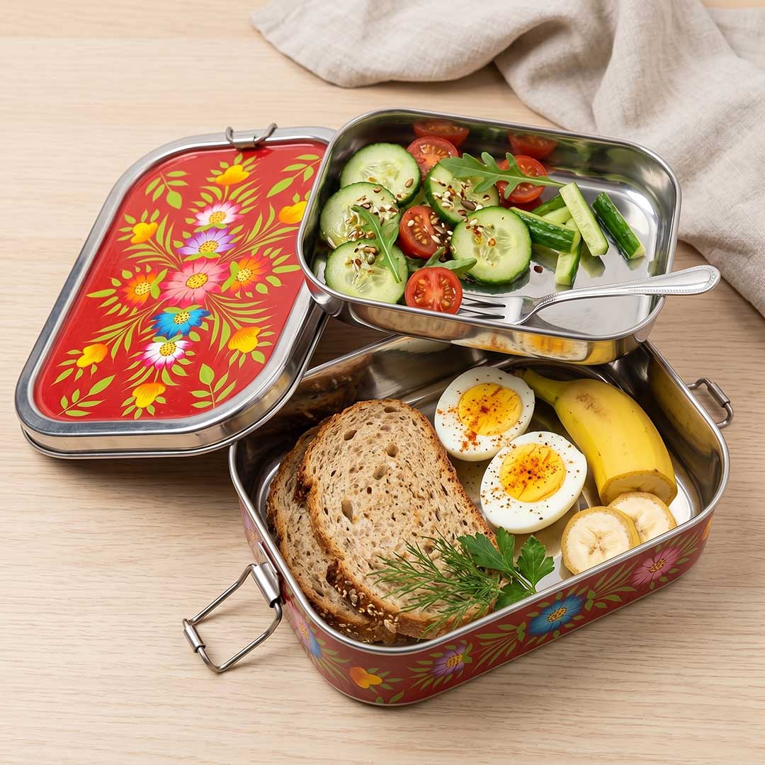 Crimson Garden Hand Painted Stainless Steel Tiffin Box