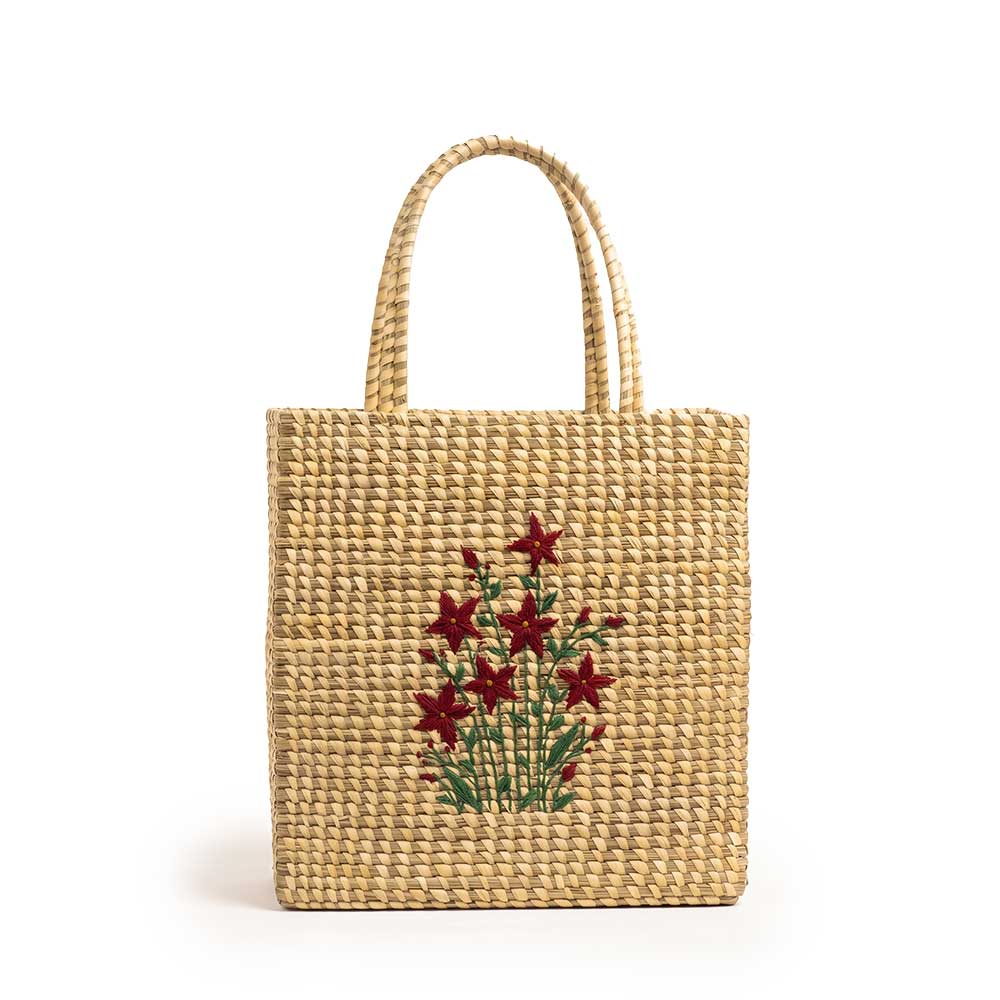 Handwoven Sabai Grass Tote Bag with Floral Embroidery