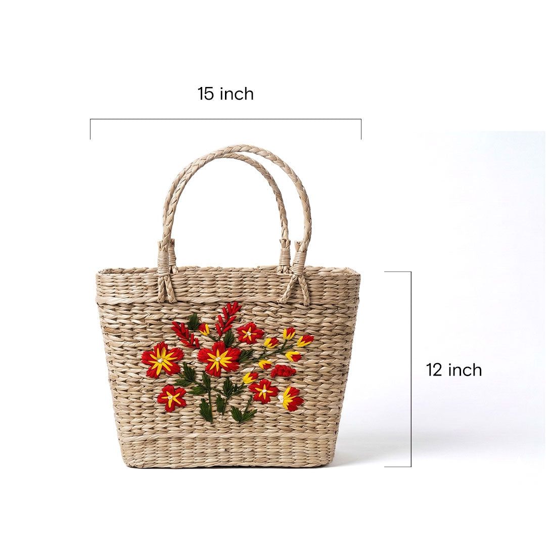 Scarlet Floral Bouquet Hand-Woven Kauna Grass Basket Bag