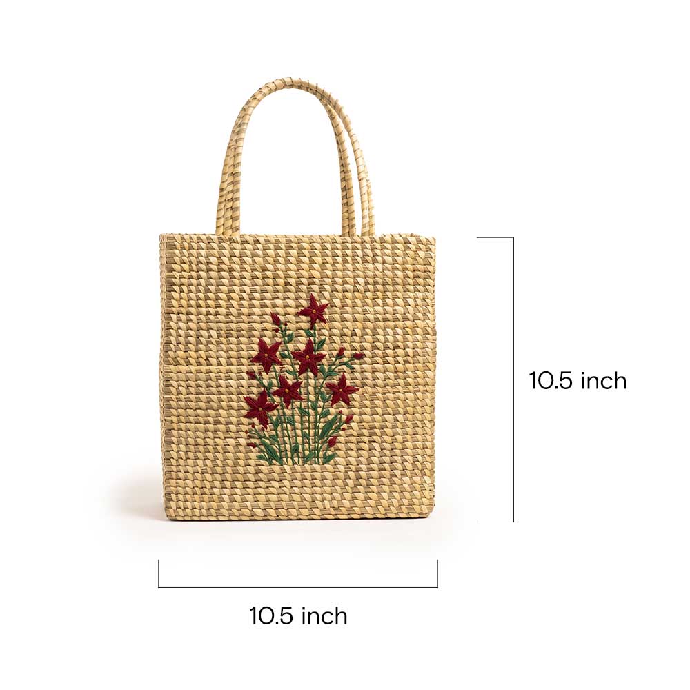Handwoven Sabai Grass Tote Bag with Floral Embroidery