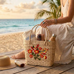 Scarlet Floral Bouquet Hand-Woven Kauna Grass Basket Bag