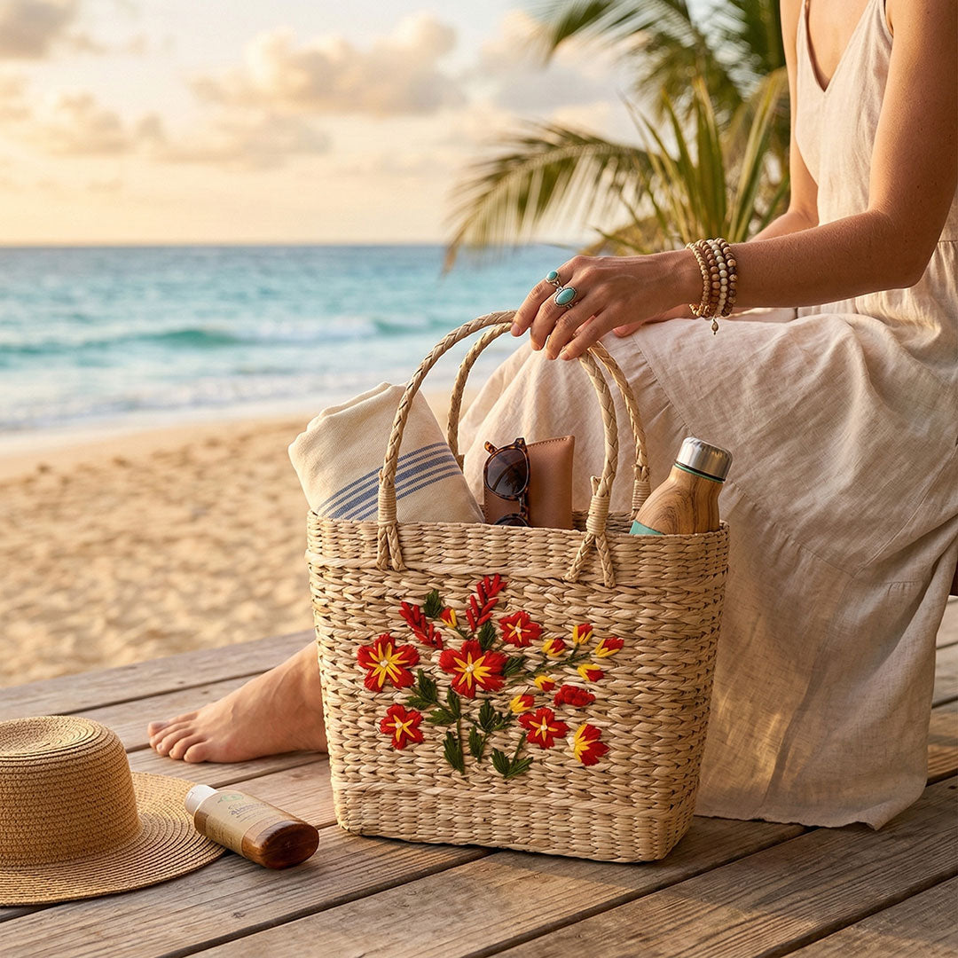 Scarlet Floral Bouquet Hand-Woven Kauna Grass Basket Bag