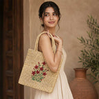 Handwoven Sabai Grass Tote Bag with Floral Embroidery