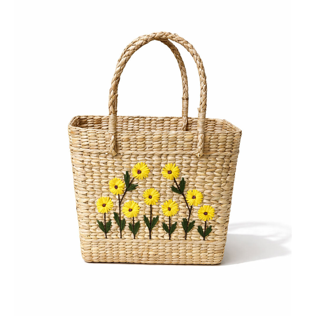 Yellow Sunshine Bloom Embroidered Kauna Grass Handbag
