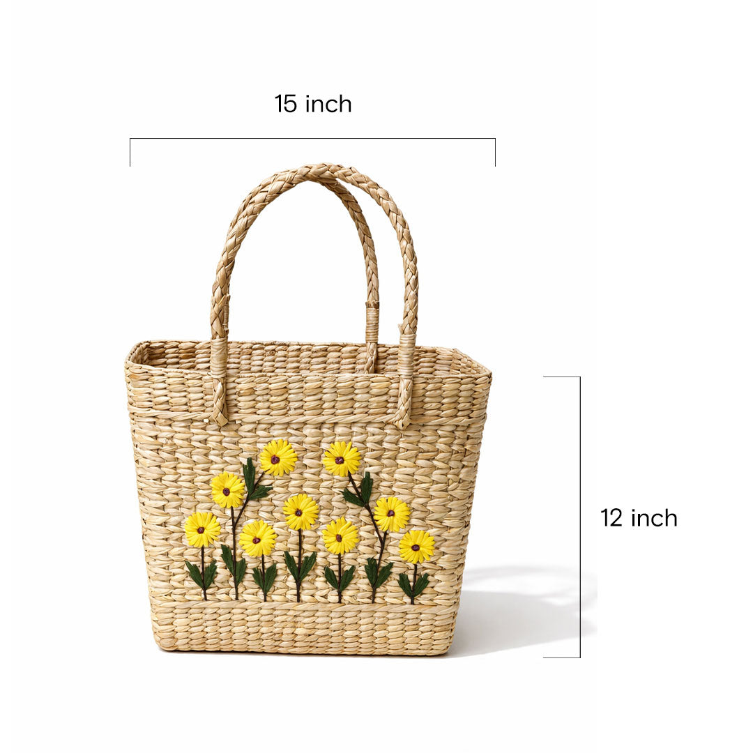 Yellow Sunshine Bloom Embroidered Kauna Grass Handbag