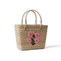 Pink Flower Embroidered Kauna Grass Handbag - Manipur Artisanship