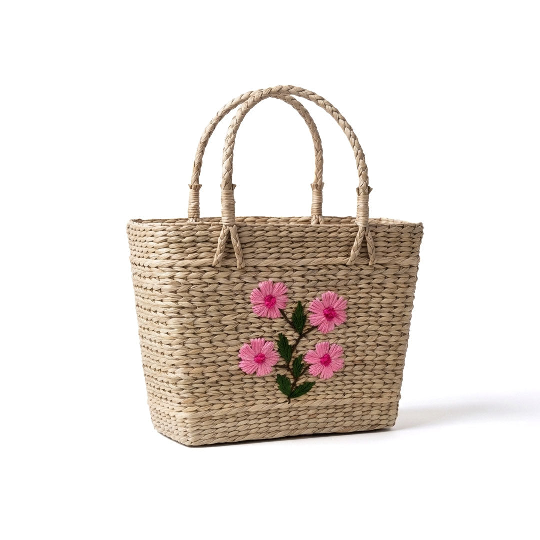 Pink Flower Embroidered Kauna Grass Handbag - Manipur Artisanship