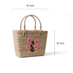 Pink Flower Embroidered Kauna Grass Handbag - Manipur Artisanship