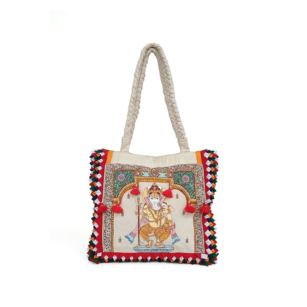 Lord Ganesha Hand-Painted Canvas Tote Bag with Tassels