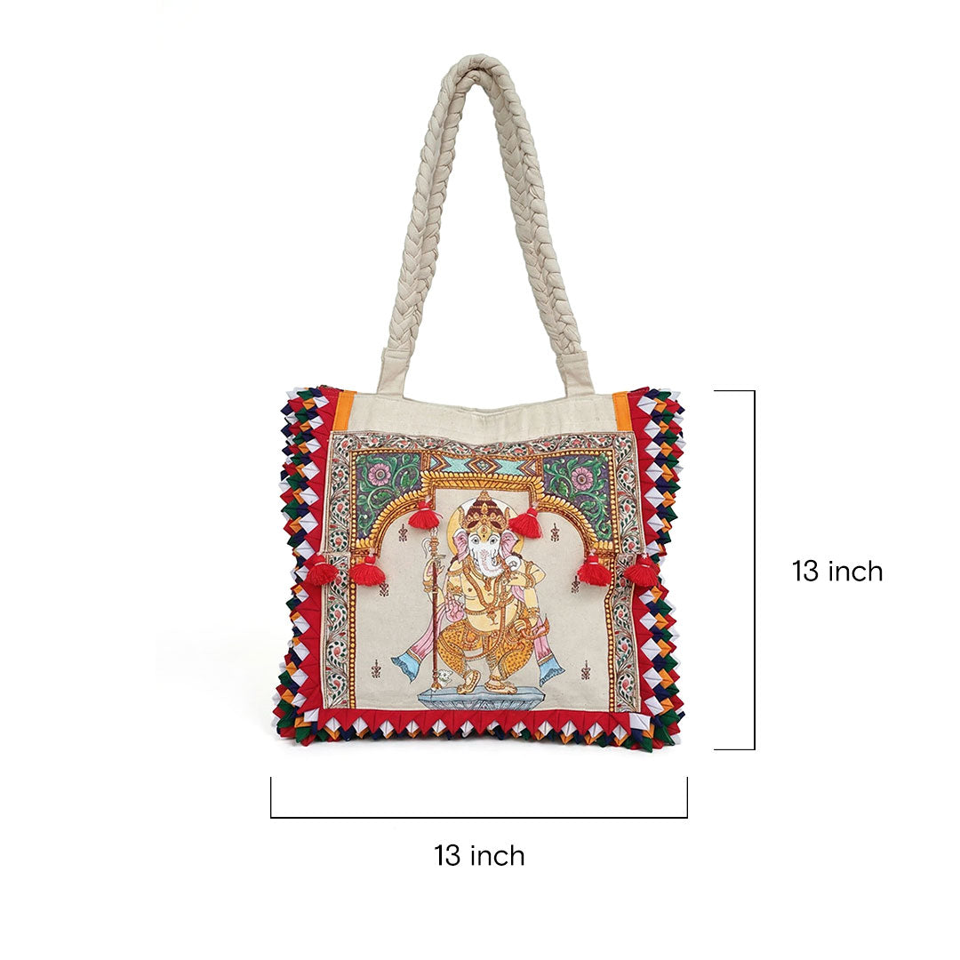 Lord Ganesha Hand-Painted Canvas Tote Bag with Tassels