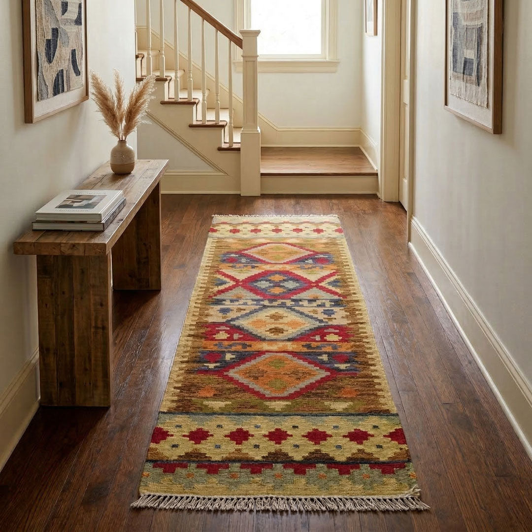 Decorative rug with geometric pattern on wooden floor in a home setting