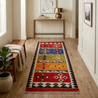 Colorful patterned rug on a wooden floor with a side table and lamp in the background.