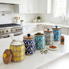 Hand-Painted Assorted Arched Pattern Ceramic Jar with Wood Lid Set