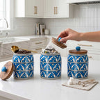 Hand-Painted Assorted Arched Pattern Ceramic Jar with Wood Lid Set
