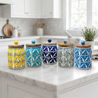 Hand-Painted Assorted Arched Pattern Ceramic Jar with Wood Lid Set