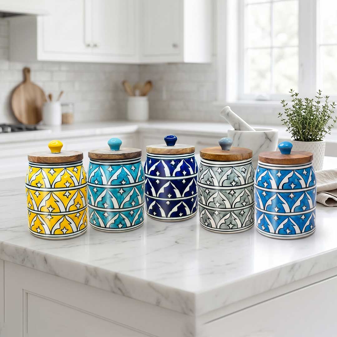 Hand-Painted Assorted Arched Pattern Ceramic Jar with Wood Lid Set