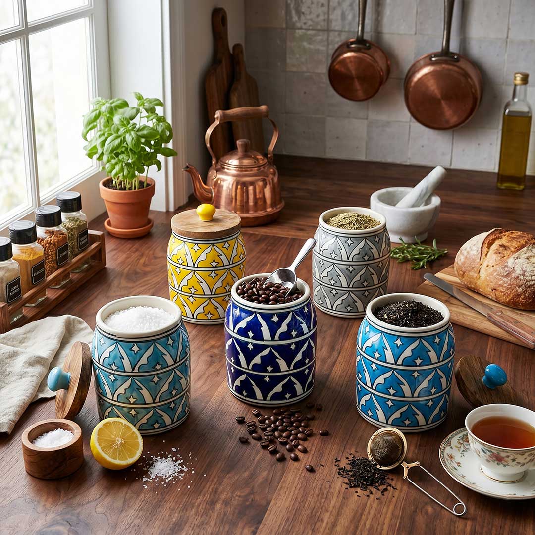 Hand-Painted Assorted Arched Pattern Ceramic Jar with Wood Lid Set