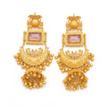 Front view of DI gold plated Chandbali jhumka earrings with pink stones