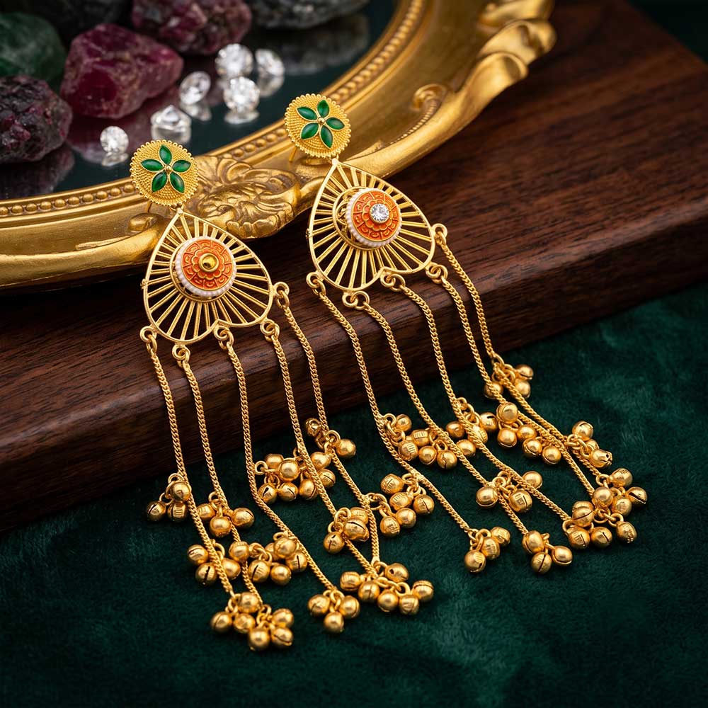 Angled view showing the multi-strand bell hangings of the DI gold plated earrings