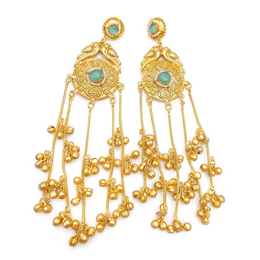 Gold-plated peacock motif Jhumka earrings featuring green stones and dangling ghungroo chains, front view.