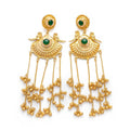 Traditional Dori gold plated peacock jhumka earrings with green stone and dangling gold bells, front view
