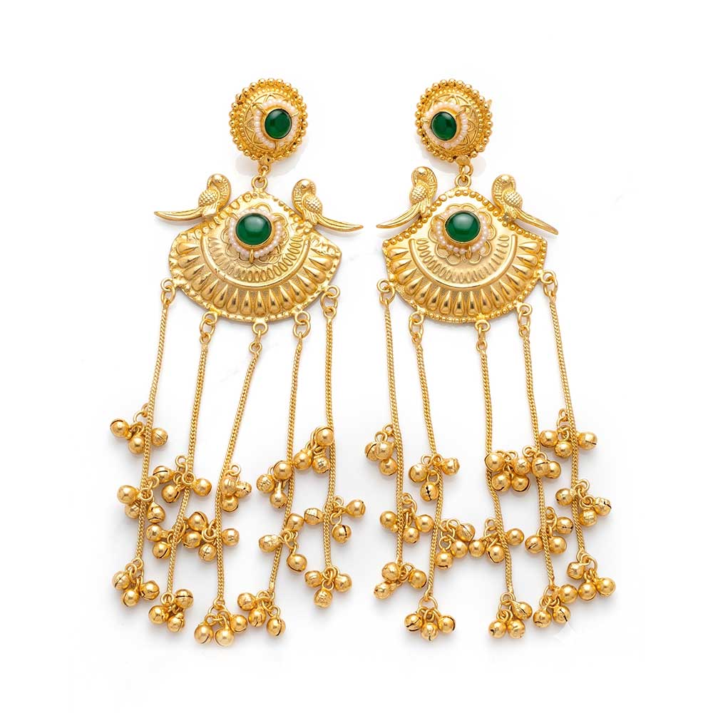 Traditional Dori gold plated peacock jhumka earrings with green stone and dangling gold bells, front view