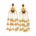 Front view of traditional DI Gold Plated peacock jhumka earrings with purple amethyst stones and cascading chain bells