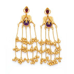 Front view of traditional DI Gold Plated peacock jhumka earrings with purple amethyst stones and cascading chain bells