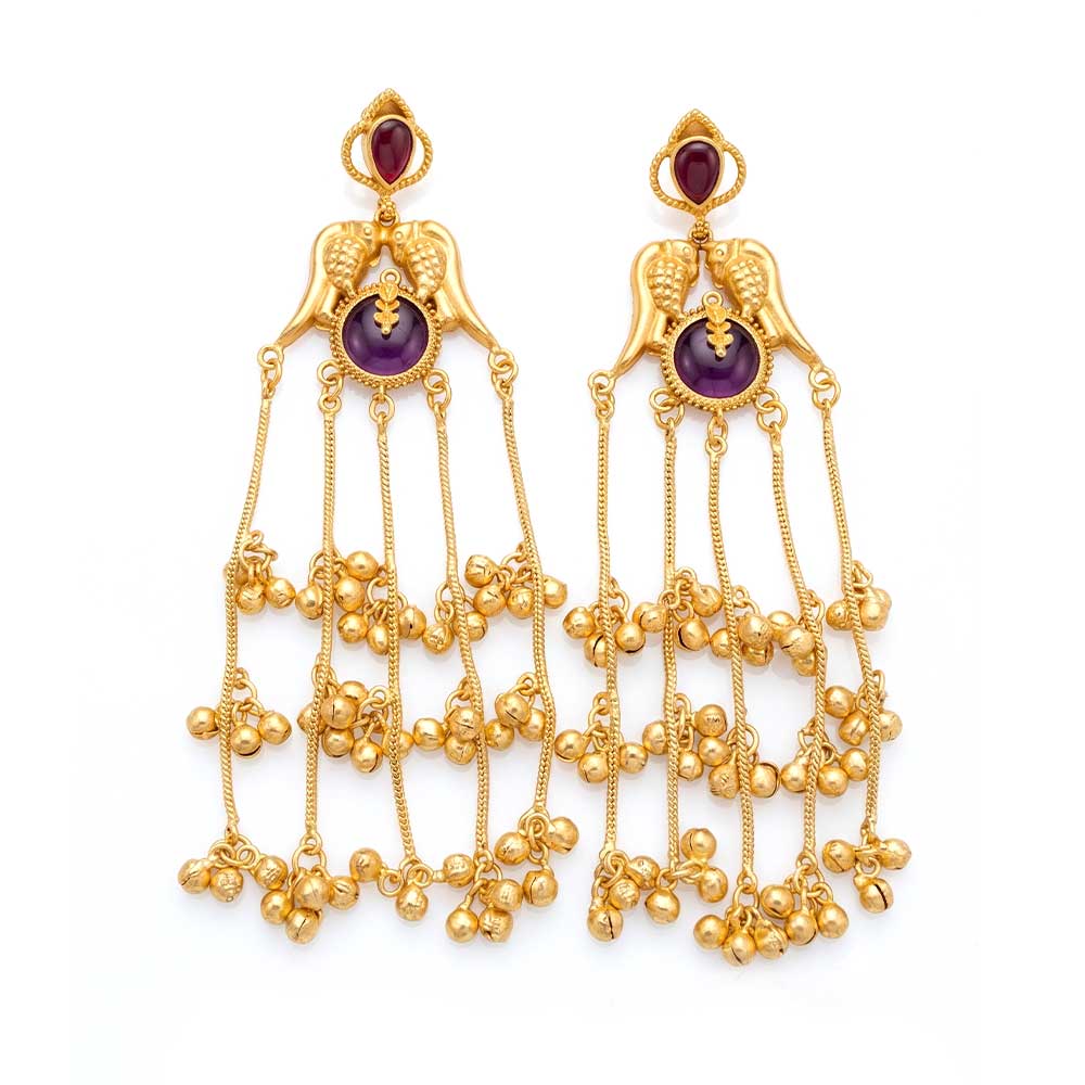 Front view of traditional DI Gold Plated peacock jhumka earrings with purple amethyst stones and cascading chain bells