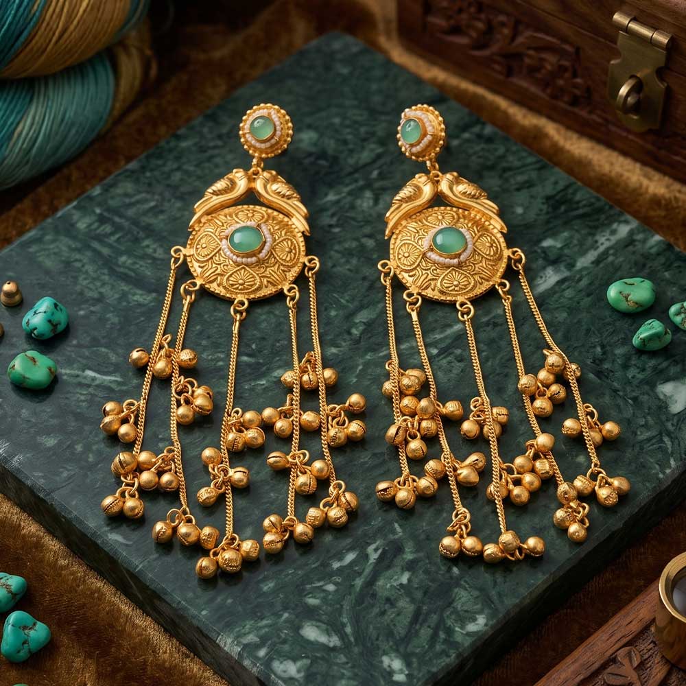 Side angle view of the traditional gold-plated Jhumka earrings showcasing the cascading length.