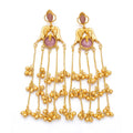 Front view of pair of traditional gold-plated Jhumka earrings with pink stone and cascading golden bell charms.