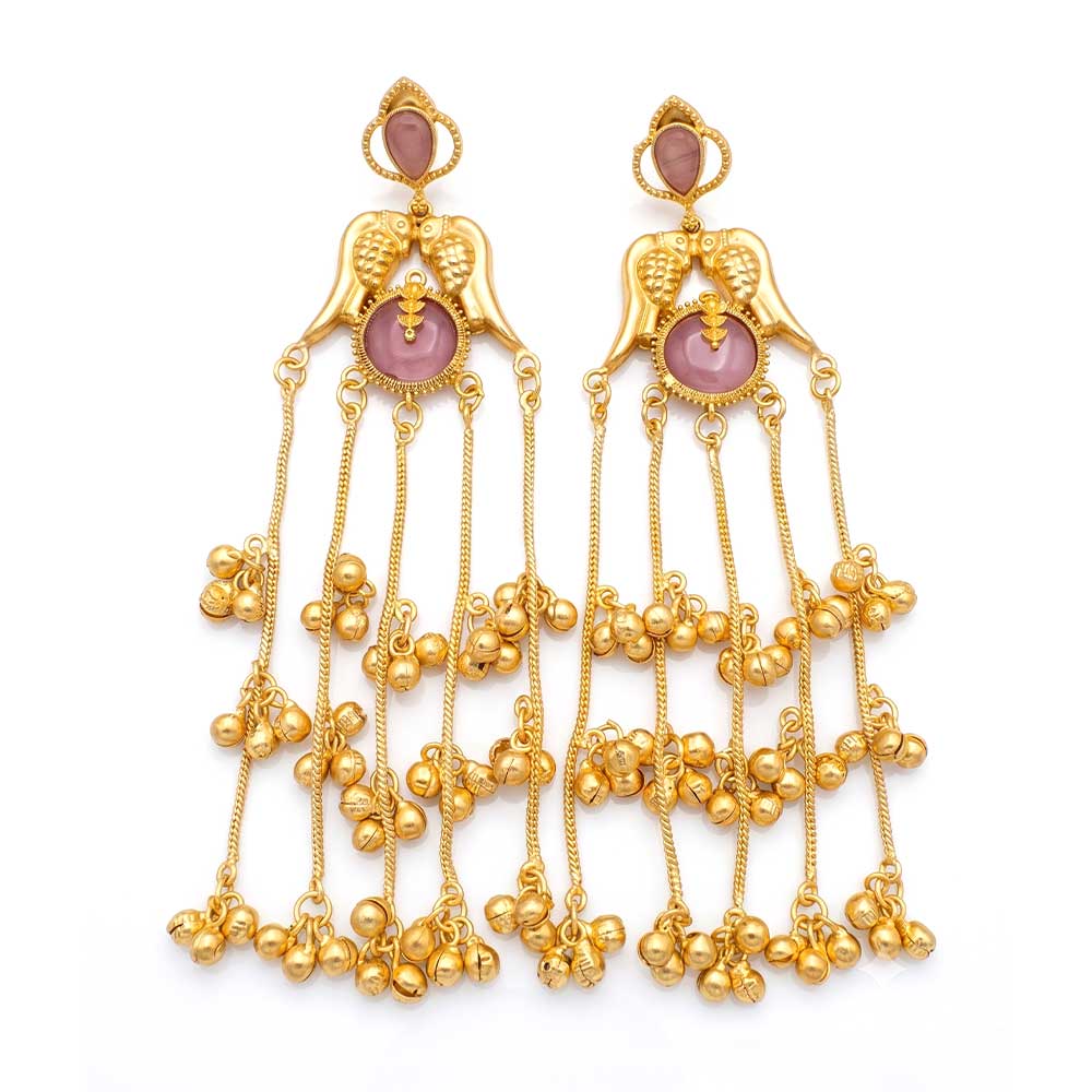 Front view of pair of traditional gold-plated Jhumka earrings with pink stone and cascading golden bell charms.