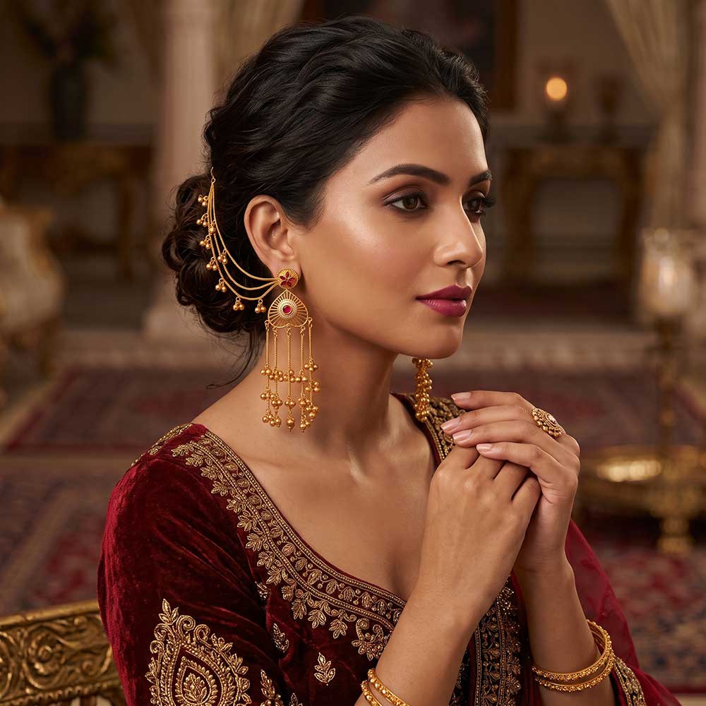 Close-up detail of the filigree work and ruby stone settings on the gold-plated ear cuff.