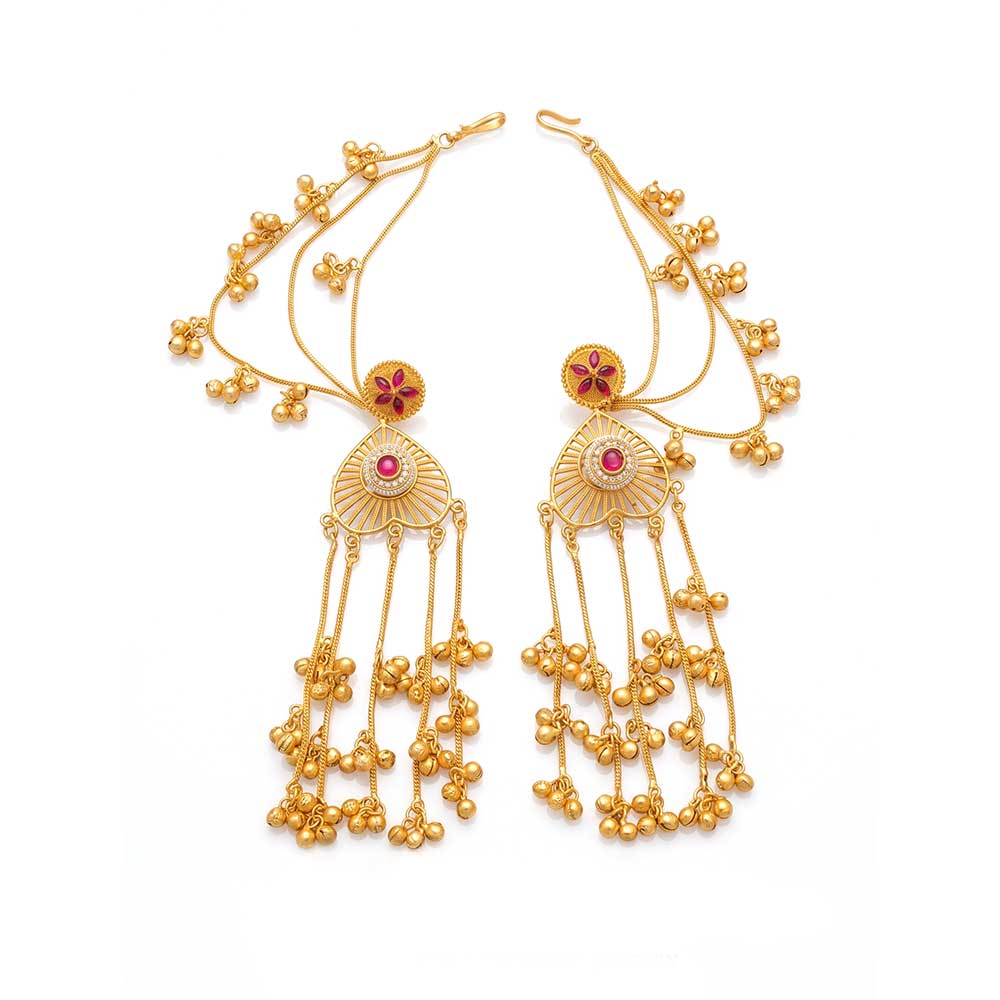 A pair of gold-plated traditional ear cuffs with ruby red stones and hanging jhumki beads, front view.