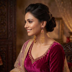 Close-up view of the intricate stone work and gold plating on the traditional jhumka earrings.