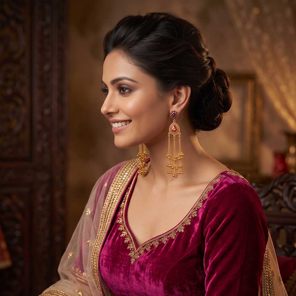 Close-up view of the intricate stone work and gold plating on the traditional jhumka earrings.