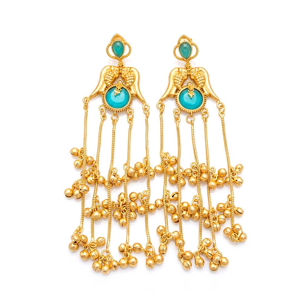 Exquisite gold plated jhumka earrings with turquoise stones and cascading chain drops, front view.