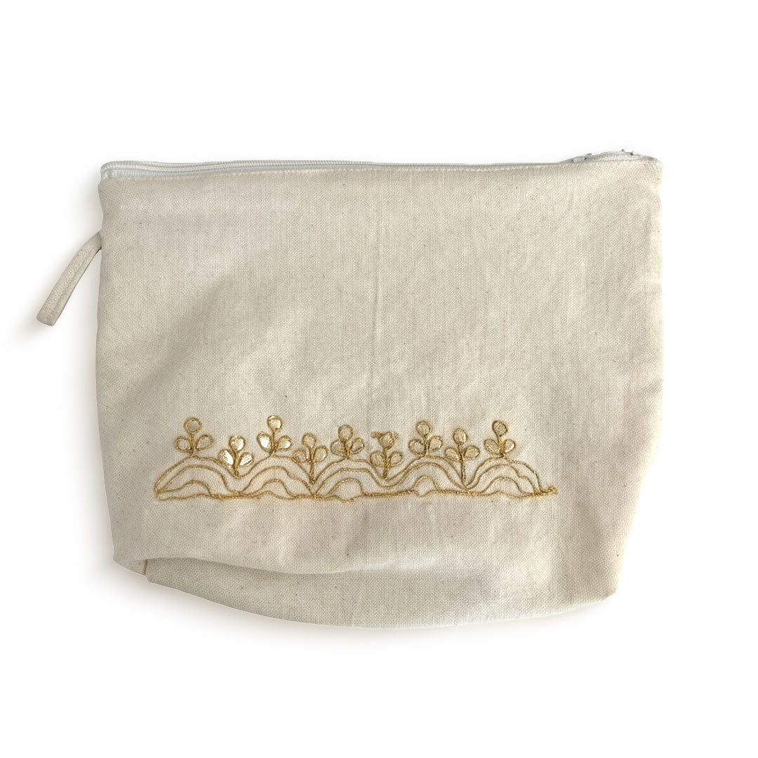 Gota Patti-Embroidered Canvas Travel Pouch - Gold Floral Motif